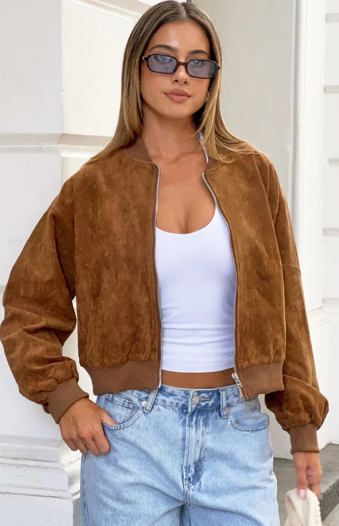 Beginning Boutique Rebecca Tan Cuffed Suedette Bomber Jacket tan suedette relaxed fit bomber with ribbed collar cuffs and hem