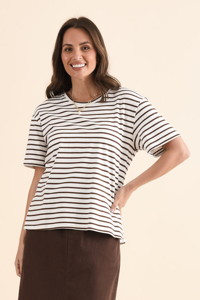 Relax Chocolate Stripe Cotton Tee,Front,Brunette model,alt text|model:MJ