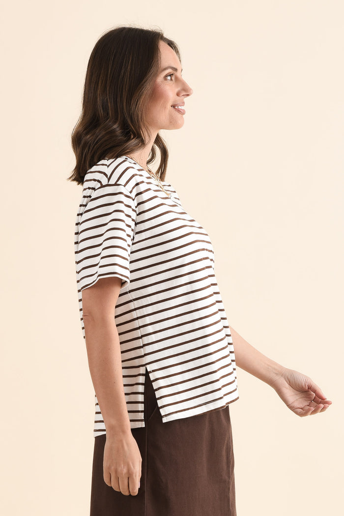Relax Chocolate Stripe Cotton Tee,Side,Brunette model,alt text|model:MJ