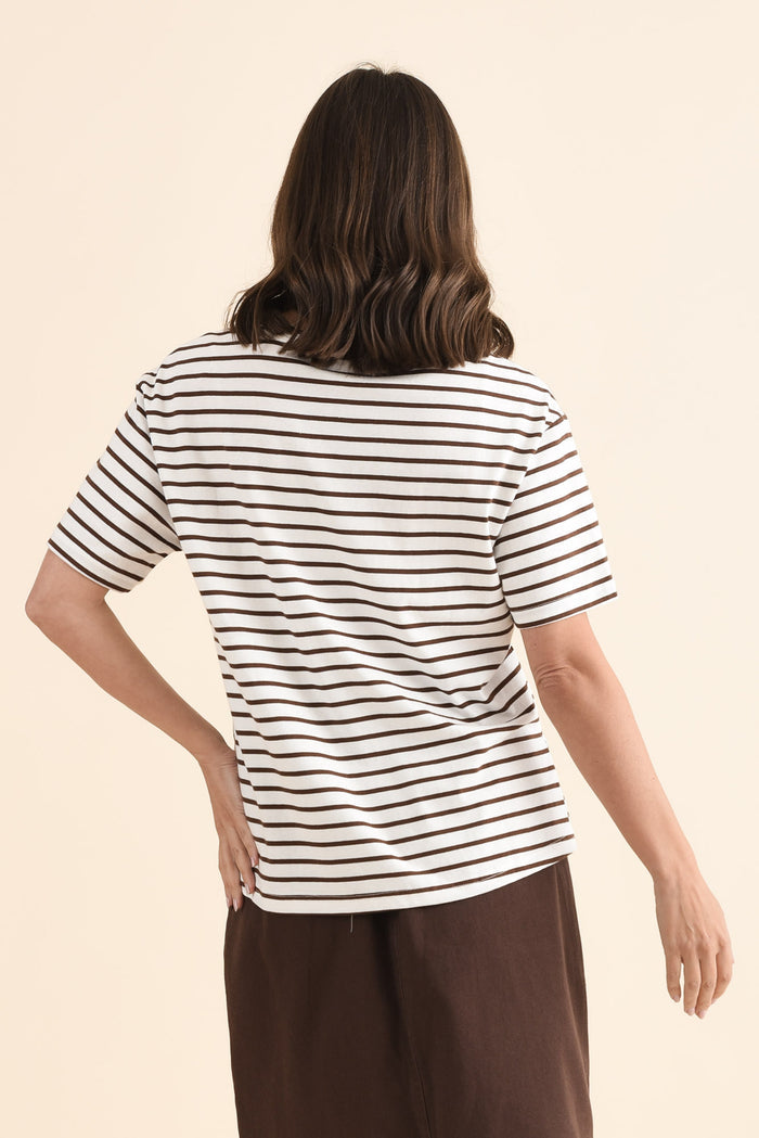 Relax Chocolate Stripe Cotton Tee,Back,Brunette model,alt text|model:MJ