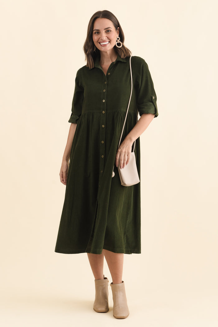 Rellie Forest Green Cotton Corduroy Dress,Brunette model,alt text|model:MJ
