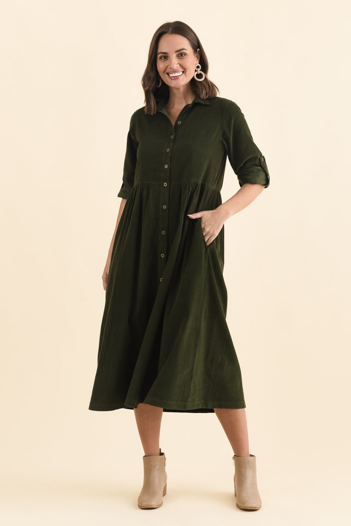 Rellie Forest Green Cotton Corduroy Dress,Brunette model,alt text|model:MJ