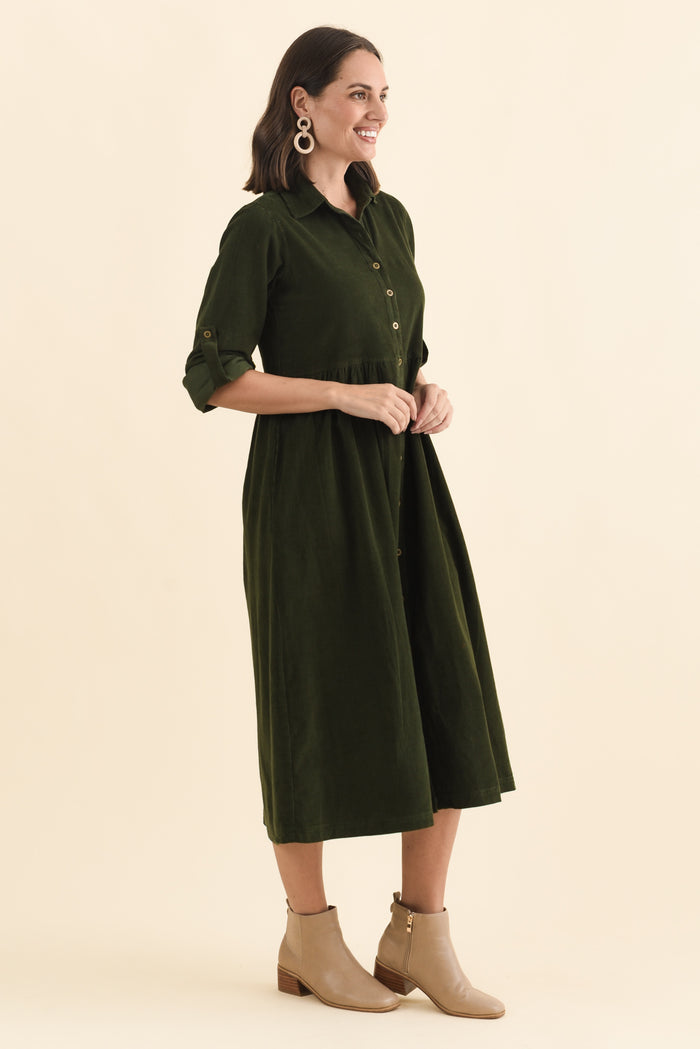Rellie Forest Green Cotton Corduroy Dress,Brunette model,alt text|model:MJ