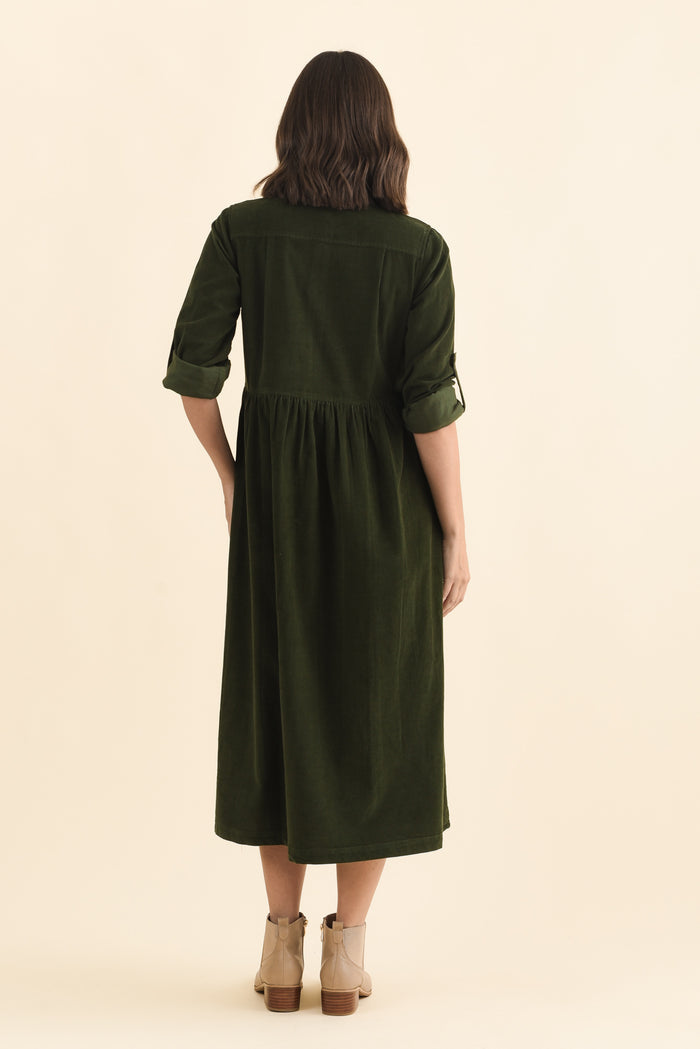Rellie Forest Green Cotton Corduroy Dress,Brunette model,alt text|model:MJ