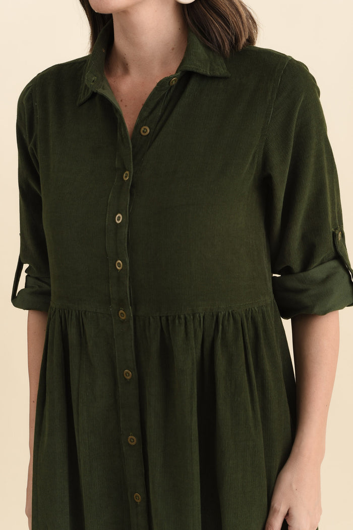 Rellie Forest Green Cotton Corduroy Dress,Brunette model,alt text|model:MJ