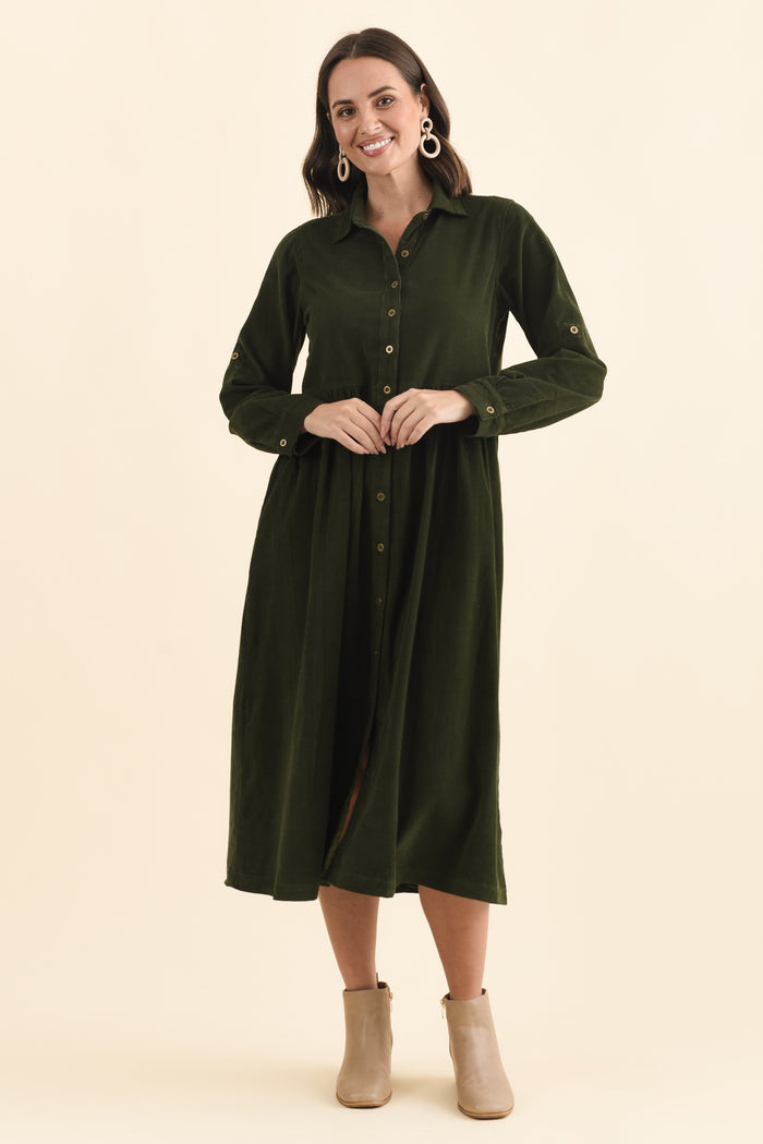 Rellie Forest Green Cotton Corduroy Dress,Brunette model,alt text|model:MJ