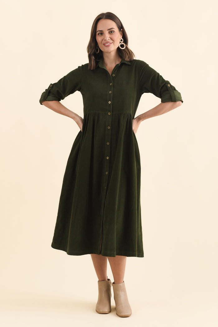 Rellie Forest Green Cotton Corduroy Dress,Brunette model,alt text|model:MJ