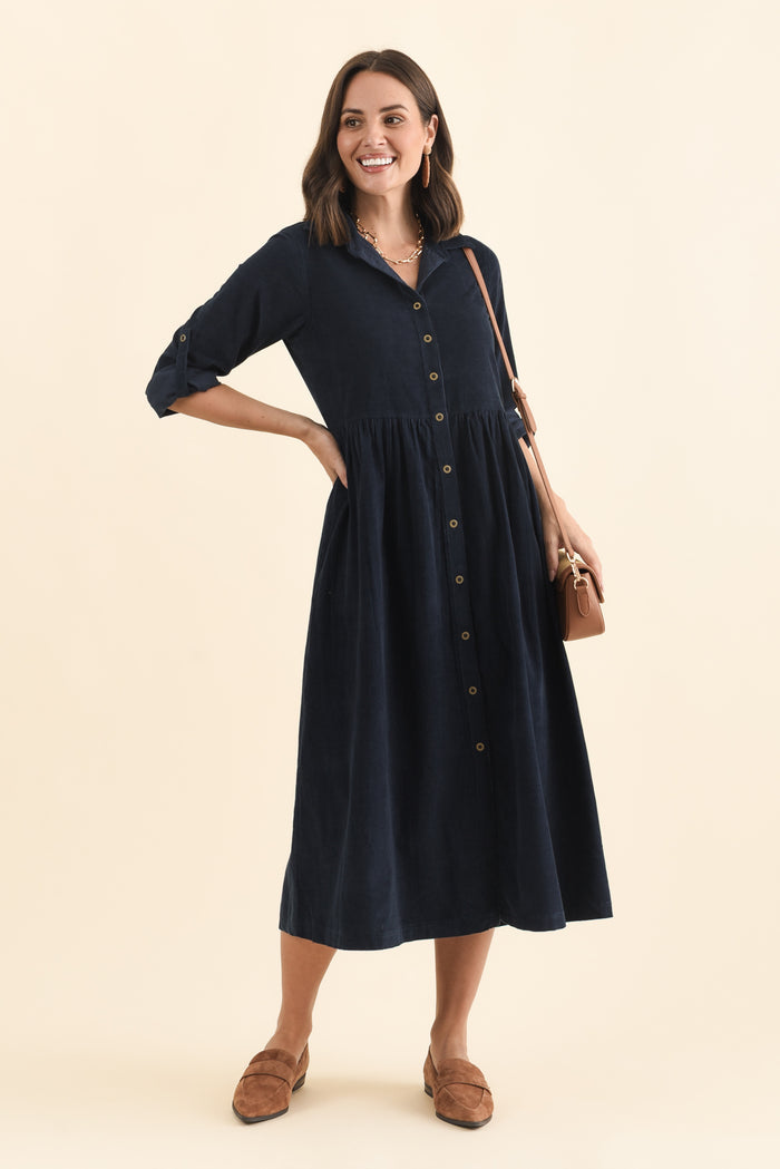Rellie Navy Cotton Corduroy Dress,Brunette model,alt text|model:MJ