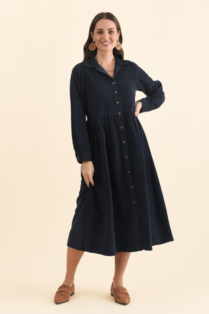 Rellie Navy Cotton Corduroy Dress,Brunette model,alt text|model:MJ