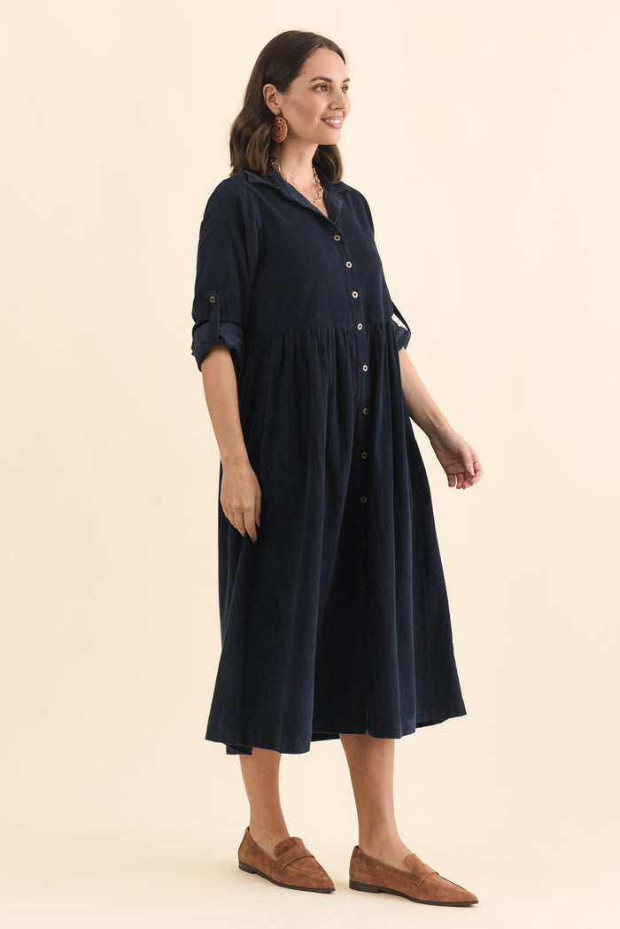 Rellie Navy Cotton Corduroy Dress,Brunette model,alt text|model:MJ