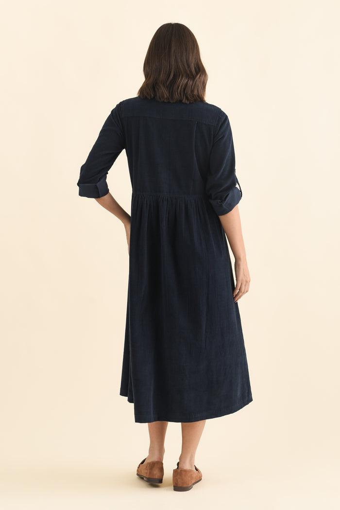 Rellie Navy Cotton Corduroy Dress,Brunette model,alt text|model:MJ