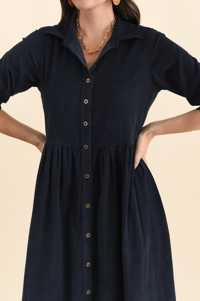 Rellie Navy Cotton Corduroy Dress,Brunette model,alt text|model:MJ