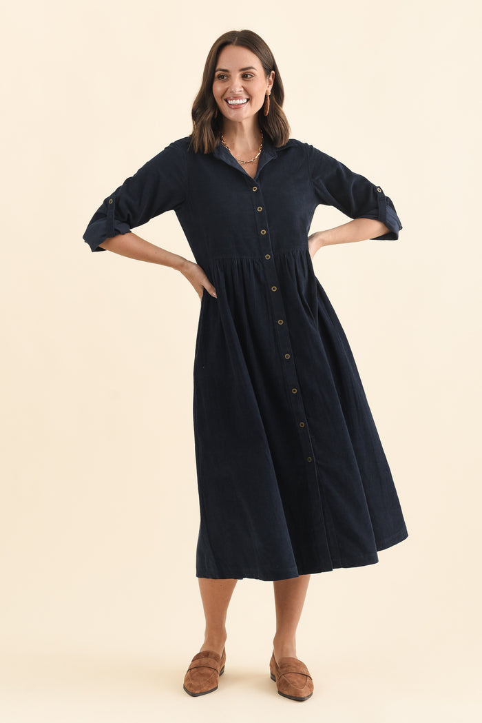 Rellie Navy Cotton Corduroy Dress,Brunette model,alt text|model:MJ