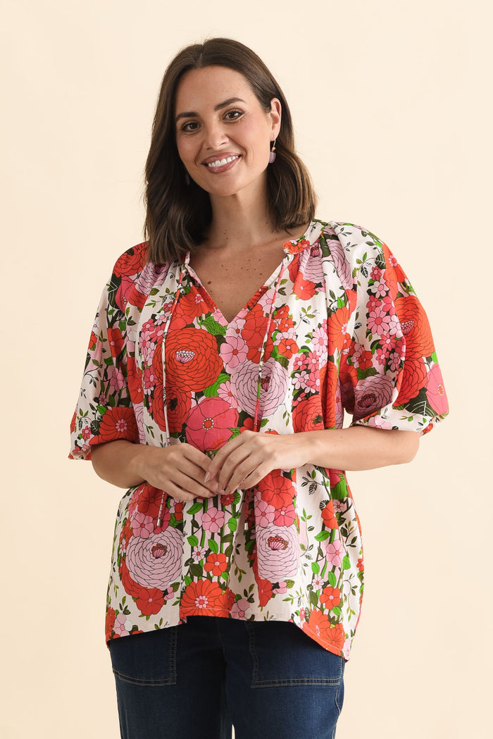 Renee Pink Floral Cotton Blouse,Brunette model,alt text|model:MJ