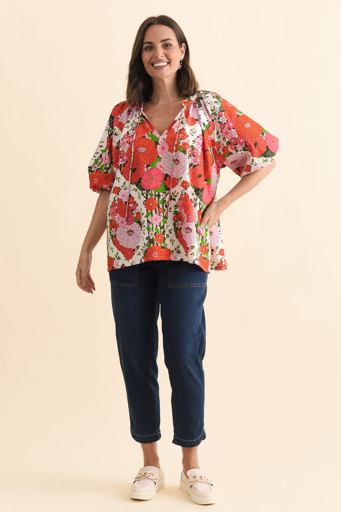 Renee Pink Floral Cotton Blouse,Brunette model,alt text|model:MJ