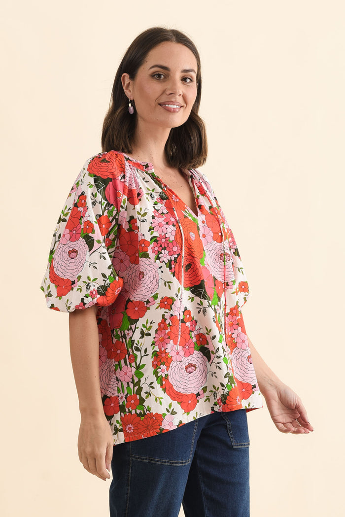 Renee Pink Floral Cotton Blouse,Brunette model,alt text|model:MJ