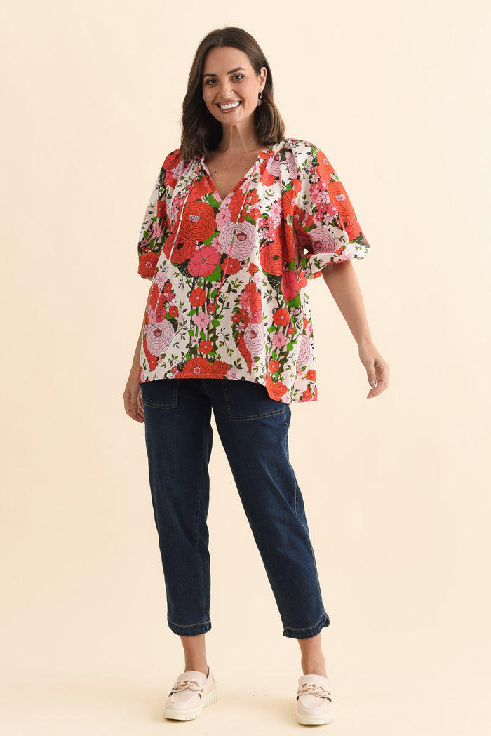 Renee Pink Floral Cotton Blouse,Brunette model,alt text|model:MJ