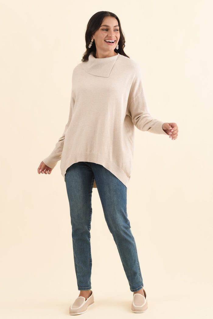 Renfrey Beige Knit Jumper,Brunette model,alt text|model:Brontie