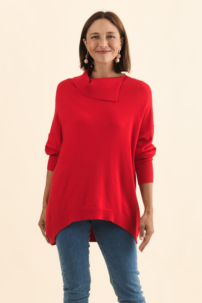 Renfrey Red Knit Jumper,Brunette model,alt text|model:Cara