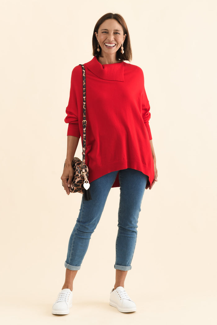 Renfrey Red Knit Jumper,Brunette model,alt text|model:Cara