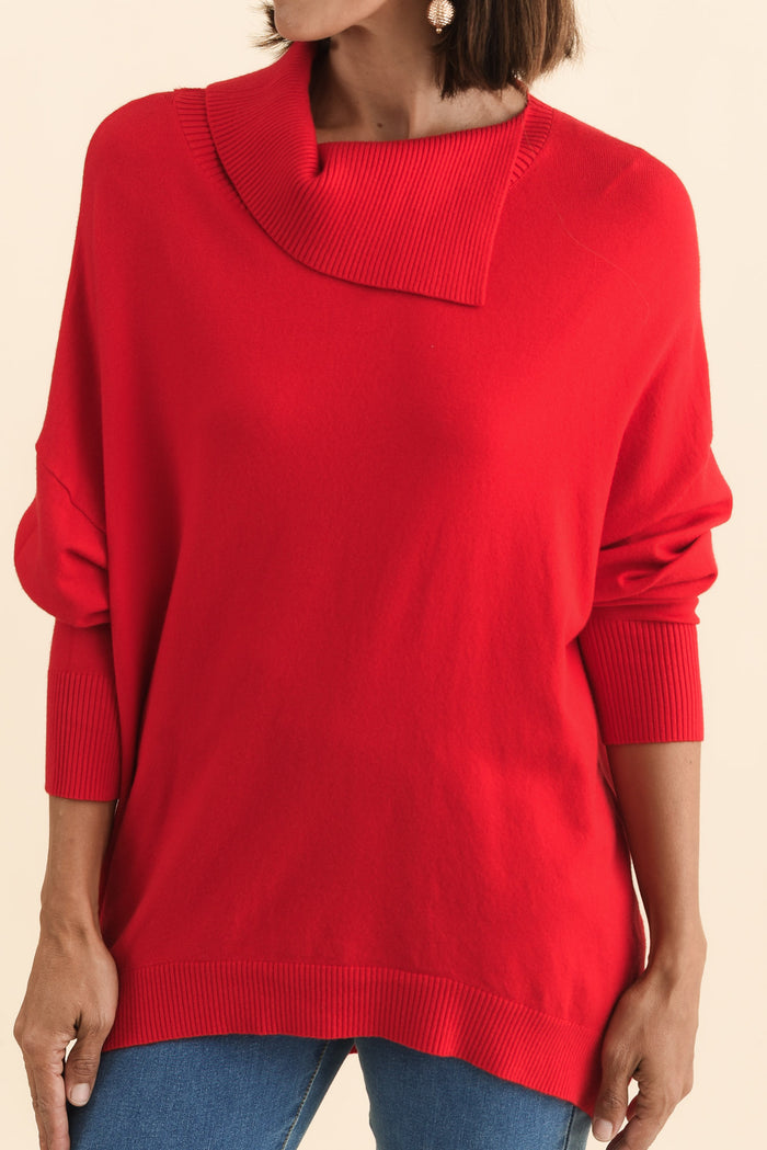Renfrey Red Knit Jumper,Brunette model,alt text|model:Cara