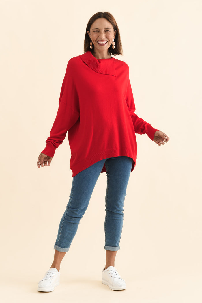 Renfrey Red Knit Jumper,Brunette model,alt text|model:Cara