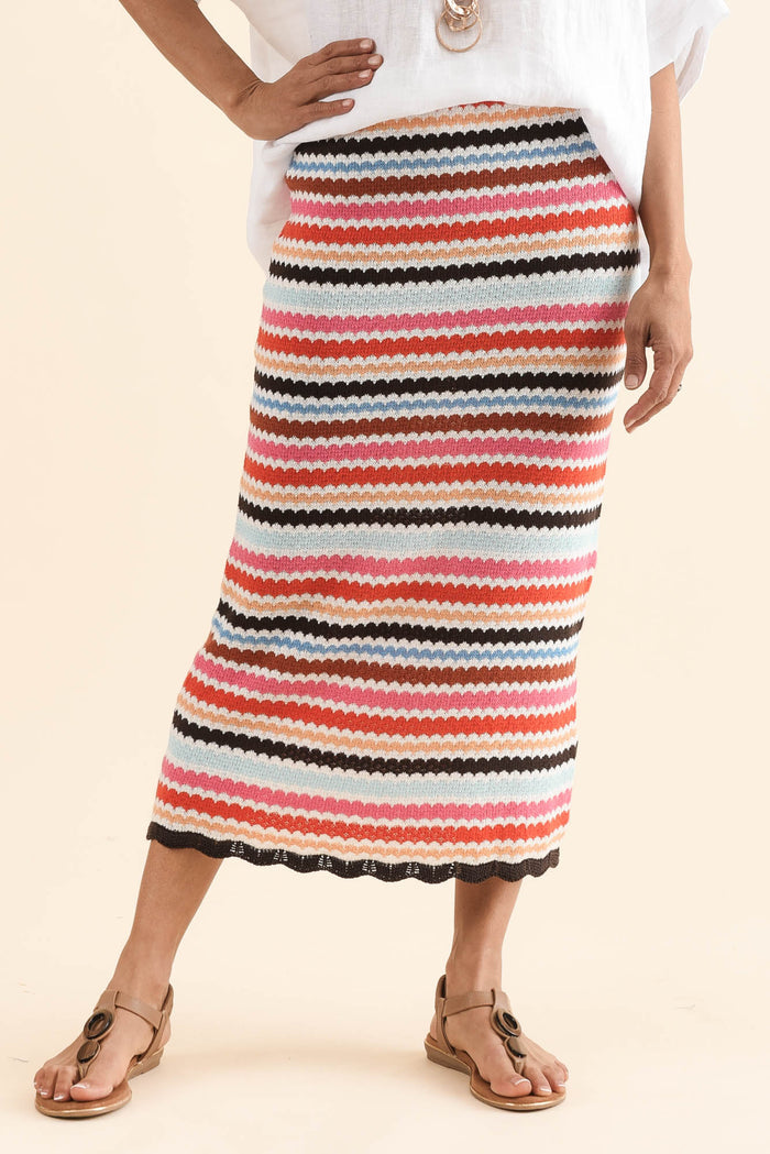 Retro Multi Stripe Cotton Knit Skirt,Front,Brunette model,alt text|model:Cara