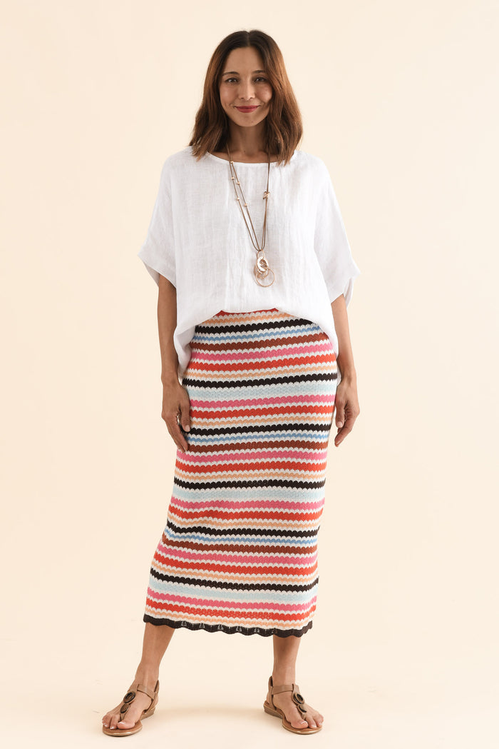 Retro Multi Stripe Cotton Knit Skirt,Full Body,Brunette model,alt text|model:Cara