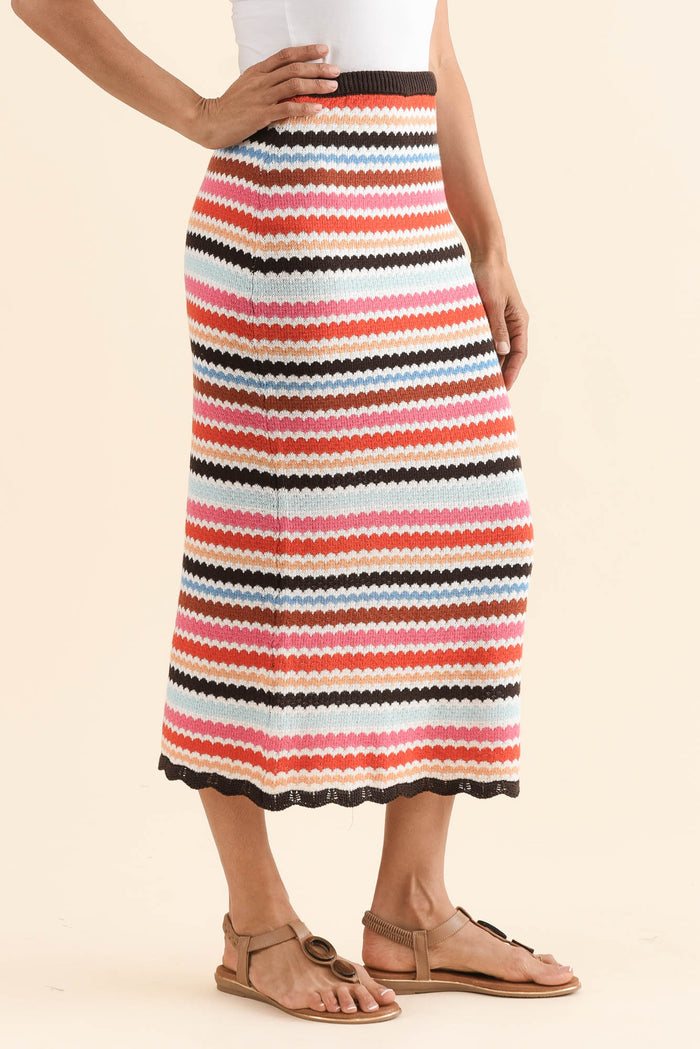 Retro Multi Stripe Cotton Knit Skirt,Side,Brunette model,alt text|model:Cara