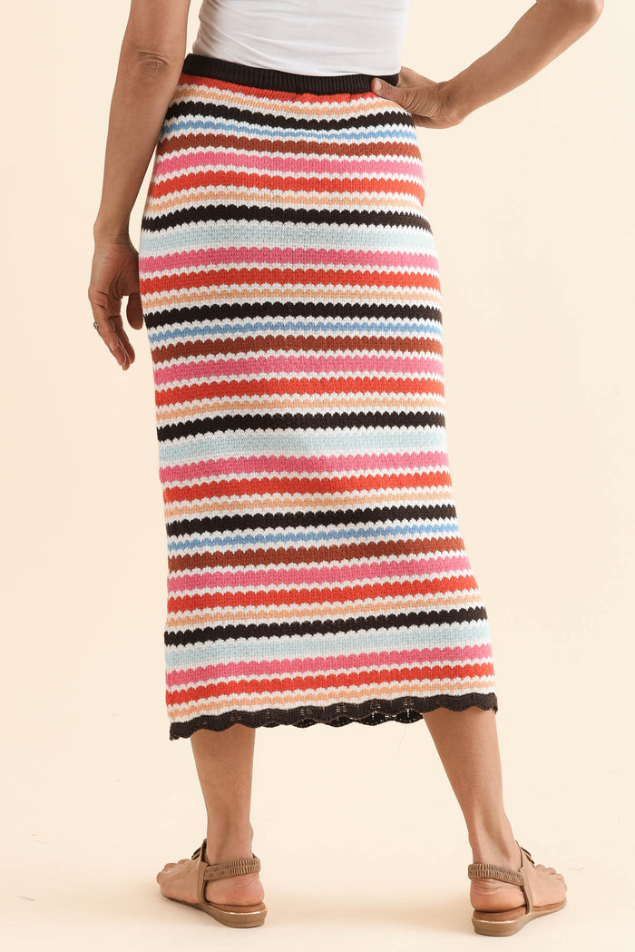 Retro Multi Stripe Cotton Knit Skirt,Back,Brunette model,alt text|model:Cara
