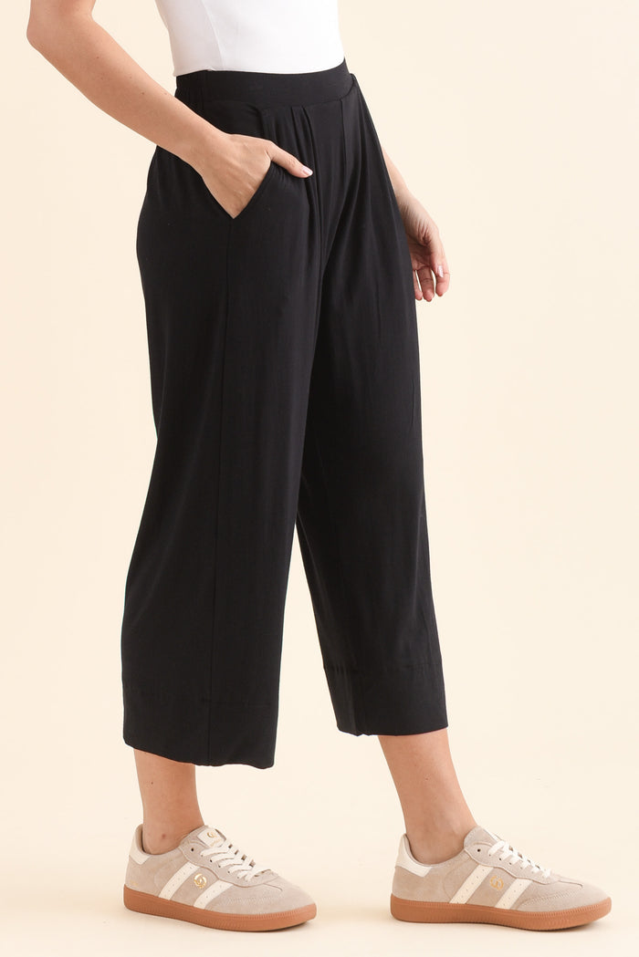 Rhodes Black Bamboo Wide Leg Pants,Side,Brunette model,alt text|model:MJ