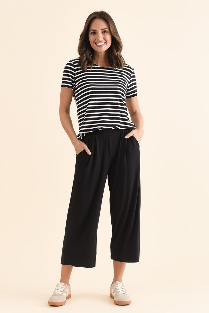Rhodes Black Bamboo Wide Leg Pants,Full Body,Brunette model,alt text|model:MJ