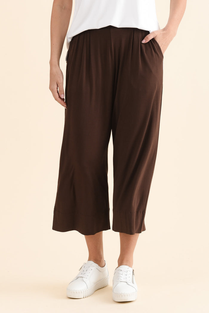 Rhodes Chocolate Bamboo Wide Leg Pants,Front,Brunette model,alt text|model:MJ