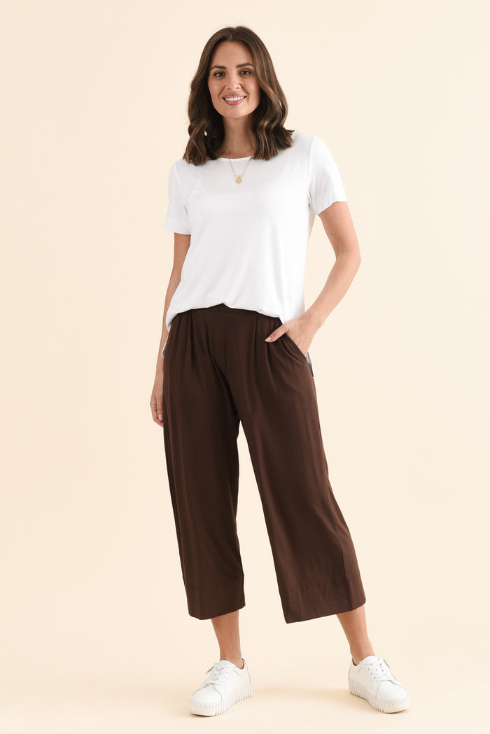 Rhodes Chocolate Bamboo Wide Leg Pants,Full Body,Brunette model,alt text|model:MJ