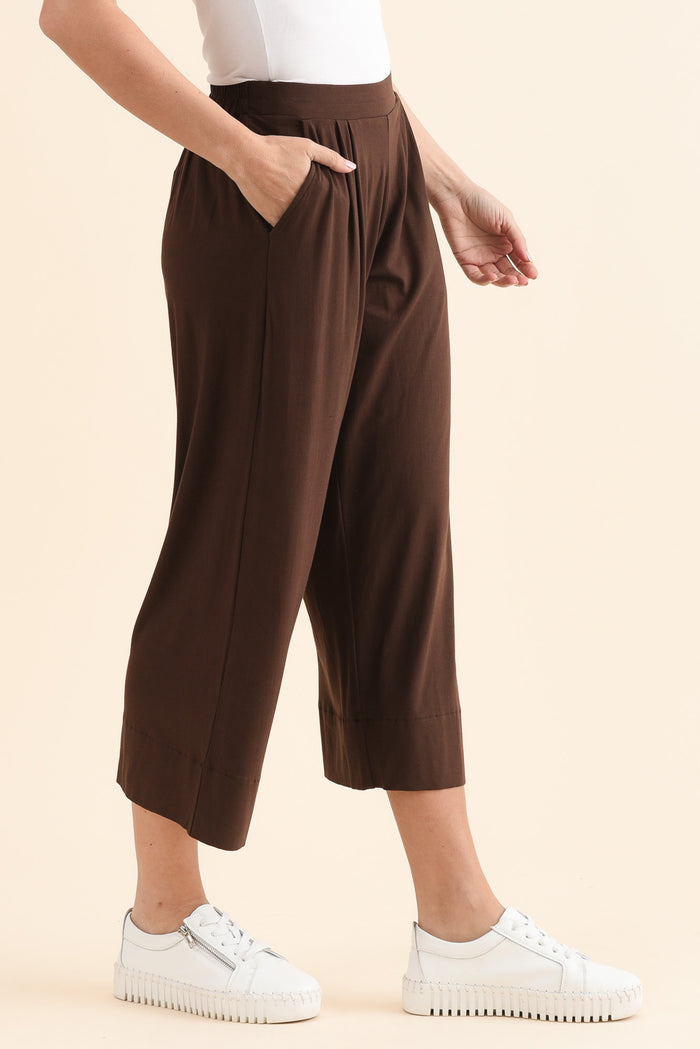 Rhodes Chocolate Bamboo Wide Leg Pants,Side,Brunette model,alt text|model:MJ