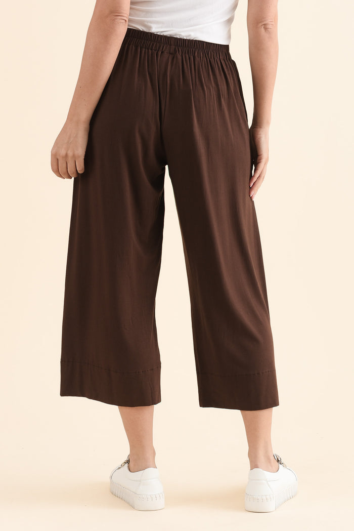 Rhodes Chocolate Bamboo Wide Leg Pants,Back,Brunette model,alt text|model:MJ