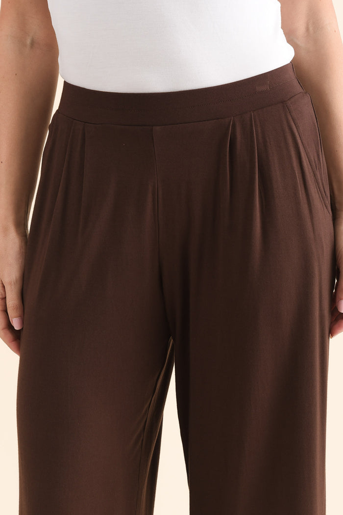 Rhodes Chocolate Bamboo Wide Leg Pants,Detail,Brunette model,alt text|model:MJ