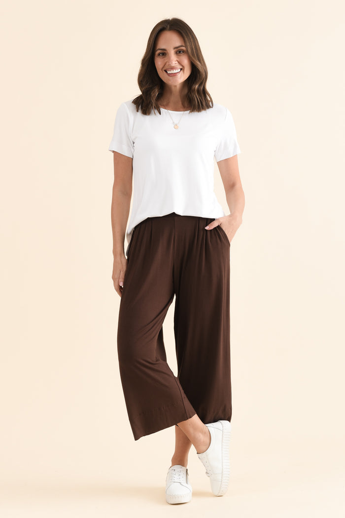 Rhodes Chocolate Bamboo Wide Leg Pants,Full Body,Brunette model,alt text|model:MJ
