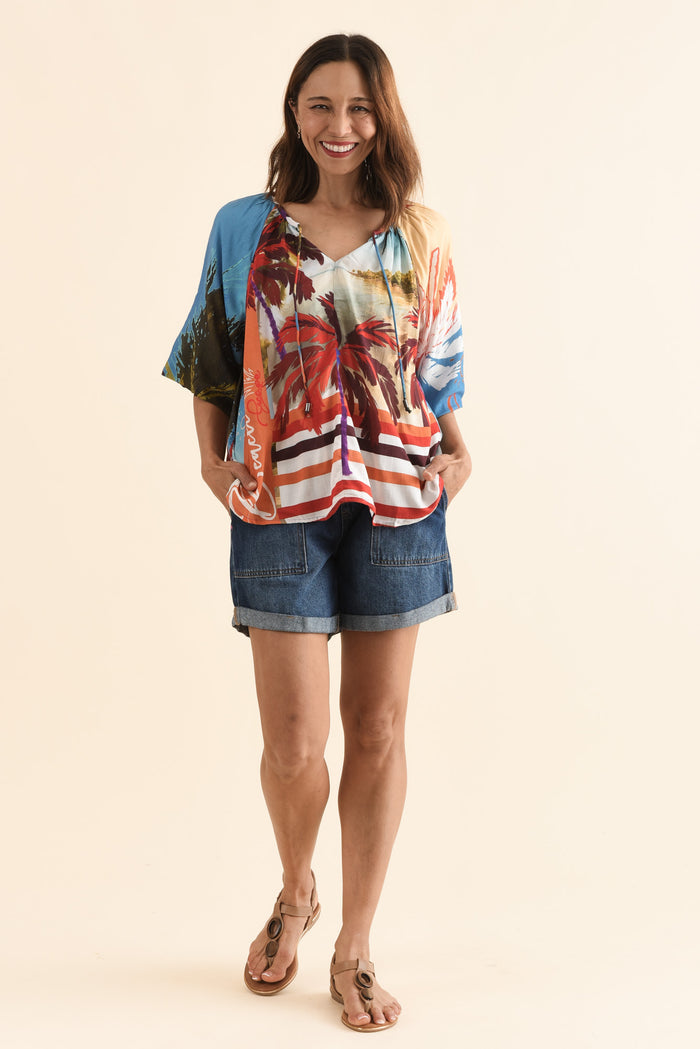 Rica Red Beach Tassel Top,Full Body,Brunette model,alt text|model:Cara