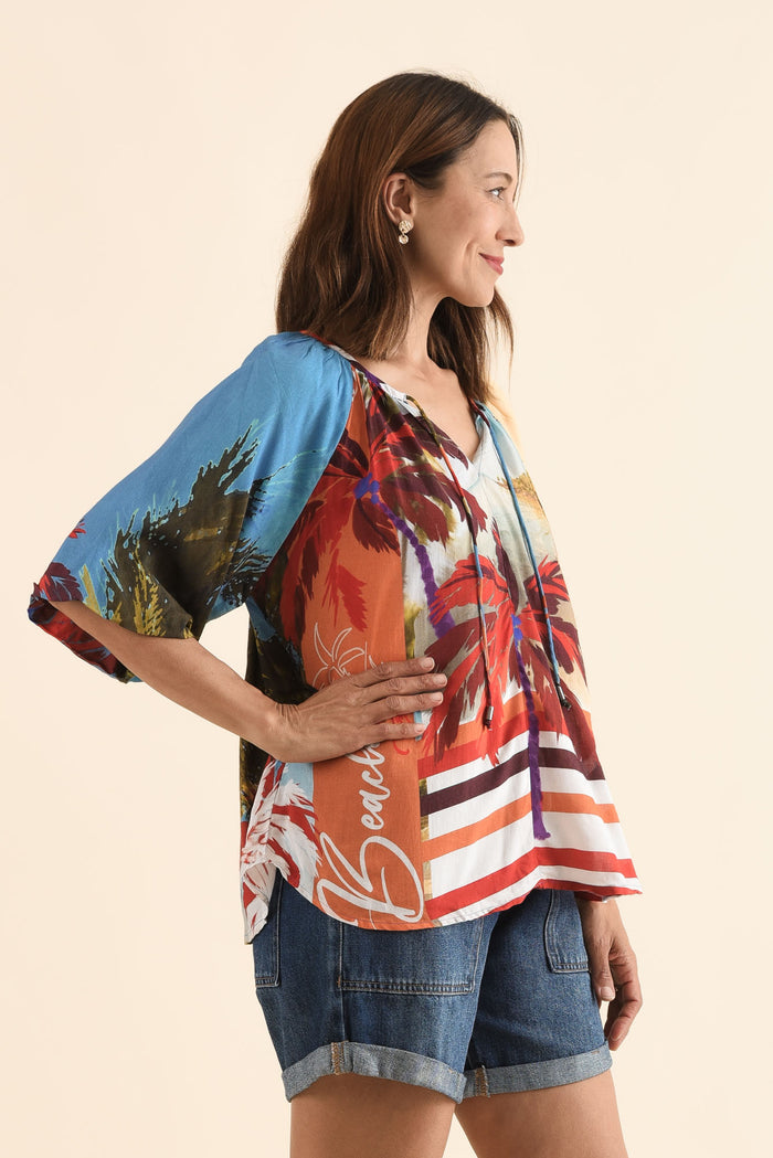 Rica Red Beach Tassel Top,Side,Brunette model,alt text|model:Cara