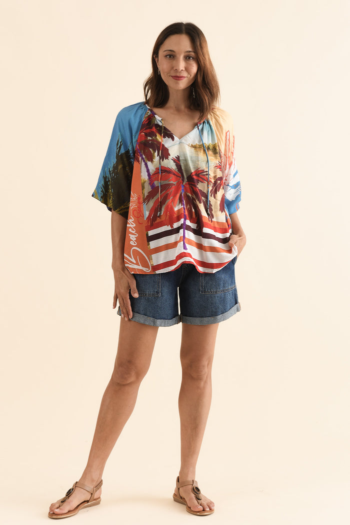 Rica Red Beach Tassel Top,Full Body,Brunette model,alt text|model:Cara
