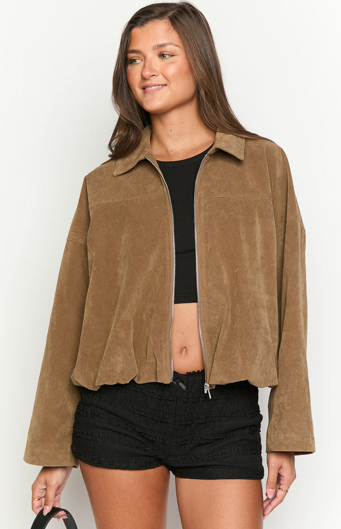 Brown suedette bomber jacket with a collared neckline, partially unzipped front, and a gathered bubble hem