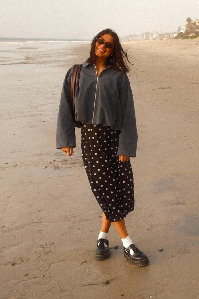 Beginning Boutique River Steel Grey Suedette Bubble Hem Bomber Jacket steel grey suedette cropped bomber with collar and full