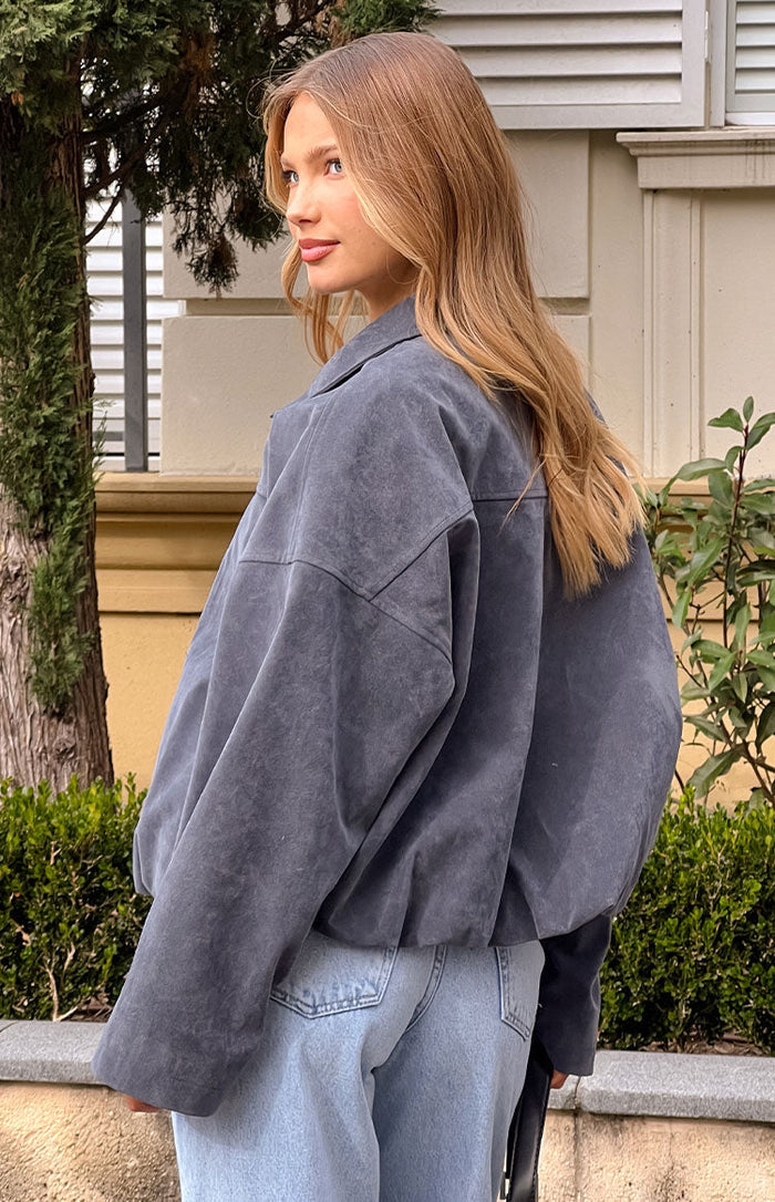 Beginning Boutique River Steel Grey Suedette Bubble Hem Bomber Jacket steel grey suedette collared bomber jacket with long sleeves and bubble hem