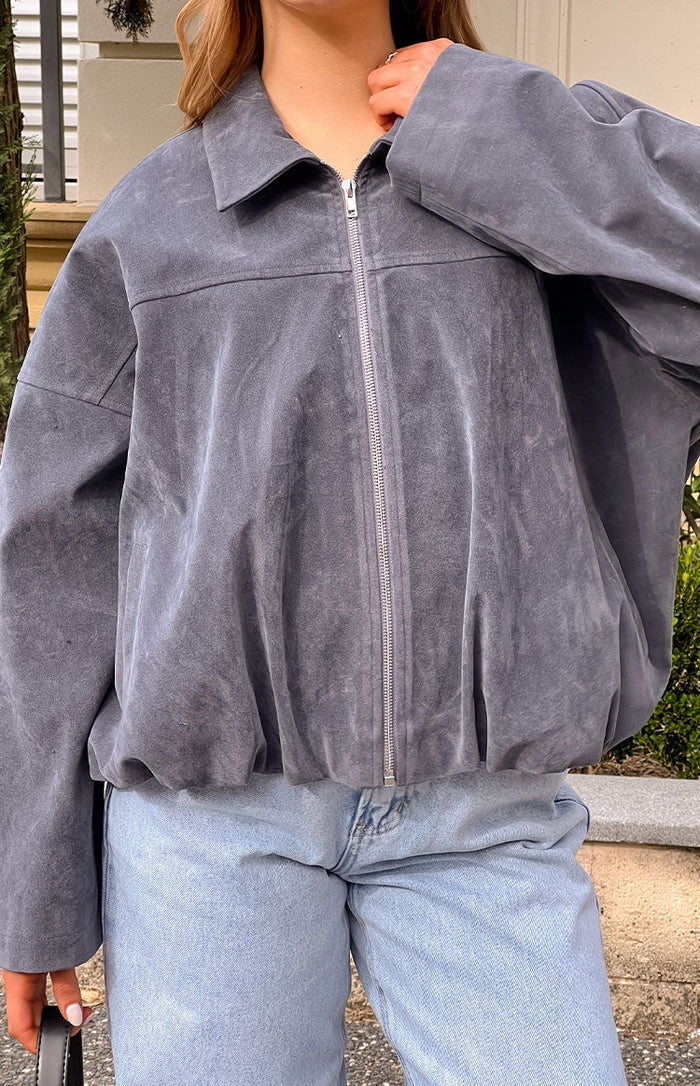 River Steel Grey Suedette Bubble Hem Bomber Jacket