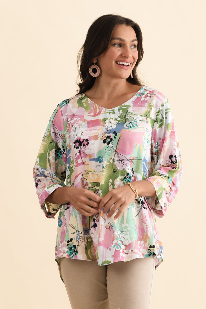 Riveria Pink Floral V Neck Top,Brunette model,alt text|model:Brontie