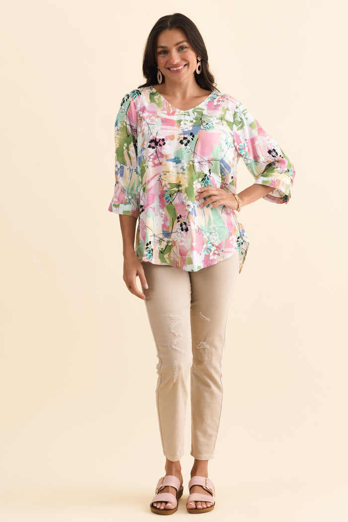 Riveria Pink Floral V Neck Top,Brunette model,alt text|model:Brontie