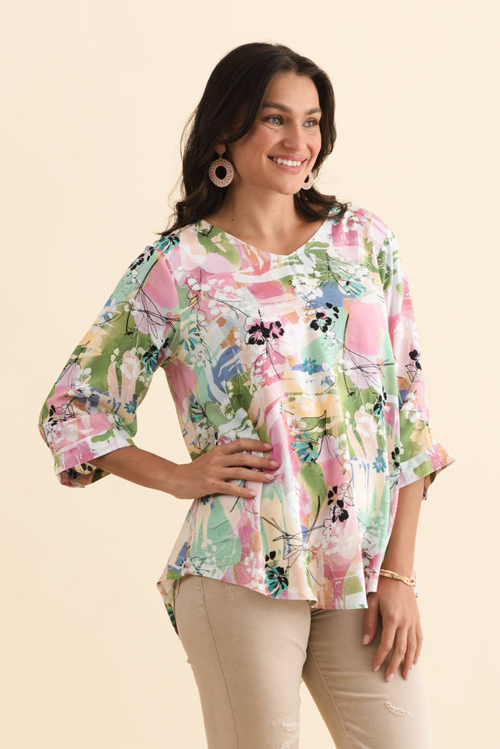 Riveria Pink Floral V Neck Top,Brunette model,alt text|model:Brontie