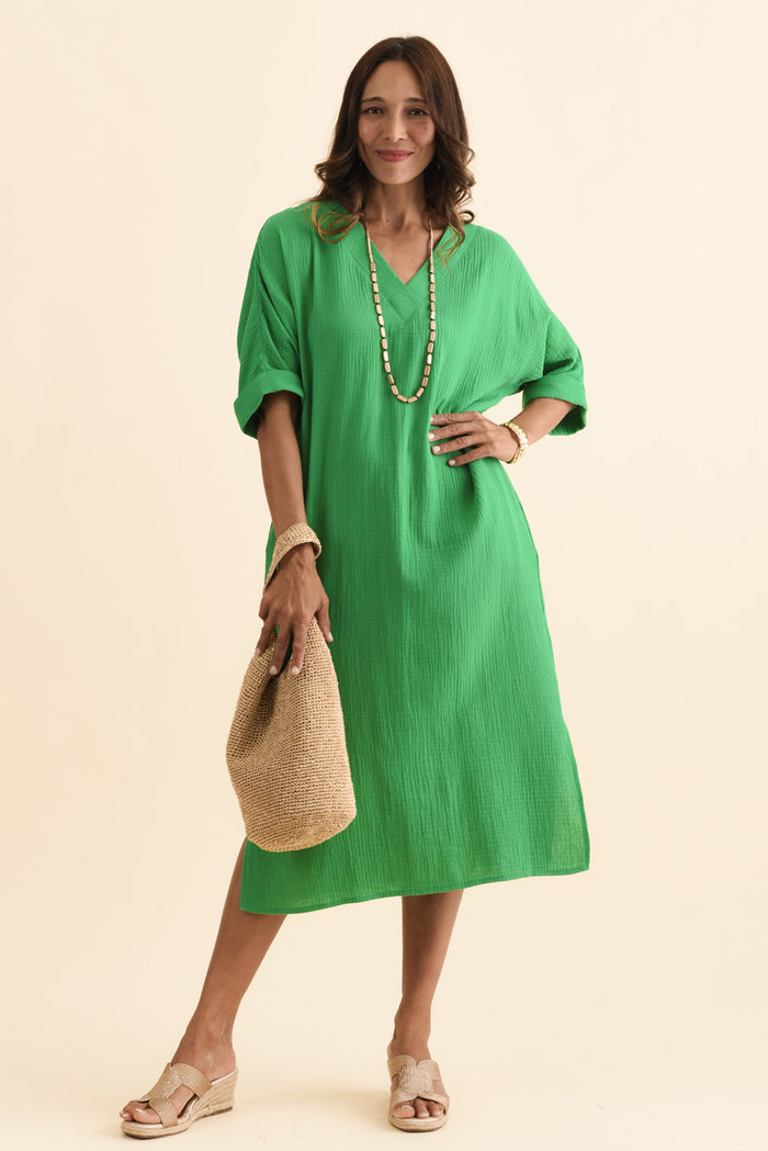 Roma Green Cotton Cheesecloth Dress,Brunette model,alt text|model:Cara