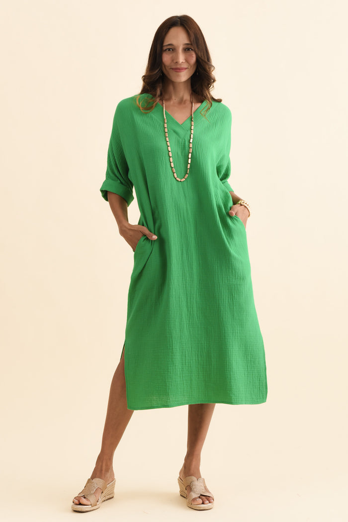 Roma Green Cotton Cheesecloth Dress,Brunette model,alt text|model:Cara